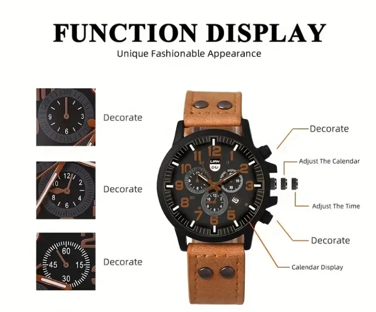 4pcs Men's Luxury Sports Calendar Quartz Watch Set with Sleek Leather Band & Trendy Bracelets