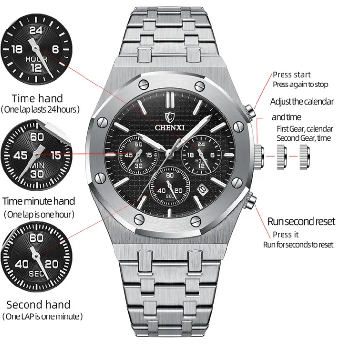 Executive Men's Quartz Watch – 2024 Luxury Business Casual, Stainless Steel, Waterproof, Shock Resistant, with Stopwatch