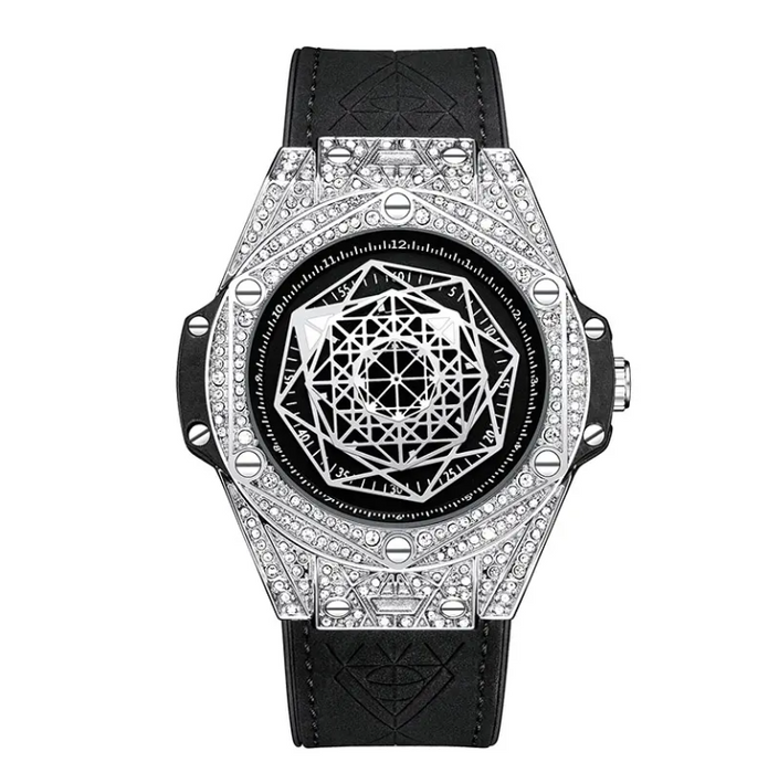 ONOLA 3815 Men's Diamond Quartz Watch, Water Resistant 3BAR, Black Alloy Case, Leather Band