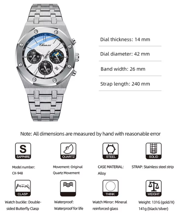 Executive Men's Quartz Watch – 2024 Luxury Business Casual, Stainless Steel, Waterproof, Shock Resistant, with Stopwatch