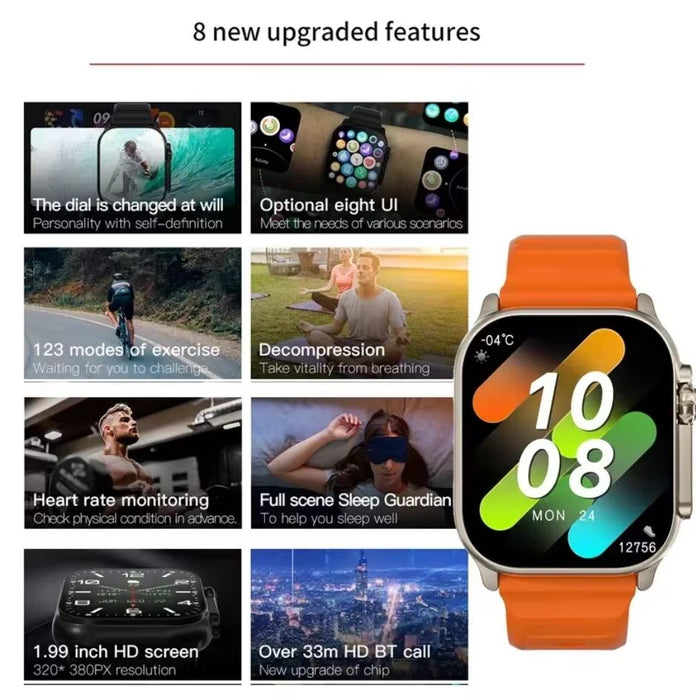 Ultra Pro Max Smartwatch – Bluetooth Calling, NFC, Wireless Charging, Custom Watch Faces, Health & Fitness Tracking, Siri, Sport Modes, Heart Rate & Blood Pressure Monitor, Sleep Tracker, IP67 Waterproof Wearable