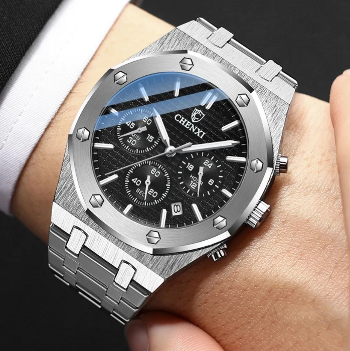 Executive Men's Quartz Watch – 2024 Luxury Business Casual, Stainless Steel, Waterproof, Shock Resistant, with Stopwatch